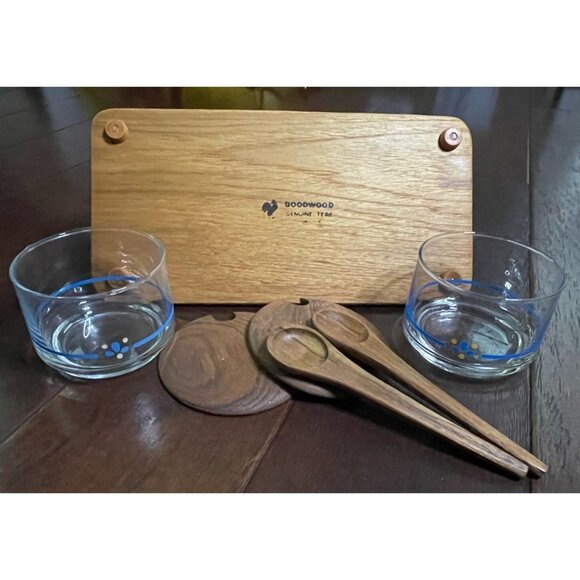 Vintage Teak Wood & Glass Condiment Set With Tray Lids & Spoons by Goodwood - Picture 5 of 10